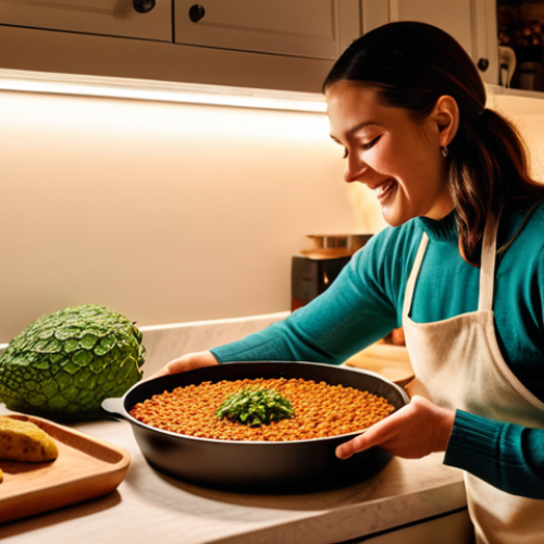 Home 16 A cozy, warm kitchen scene where a person, perhaps a woman, is joyfully preparing a modern, plant-based version of a beloved traditional comfort food. Soft, inviting lighting, steam gently rising from a dish that looks like a lentil 'meatloaf' or a jackfruit stew. Emphasize feelings of nostalgia, peace, and soulful connection to food. High quality, food photography style.