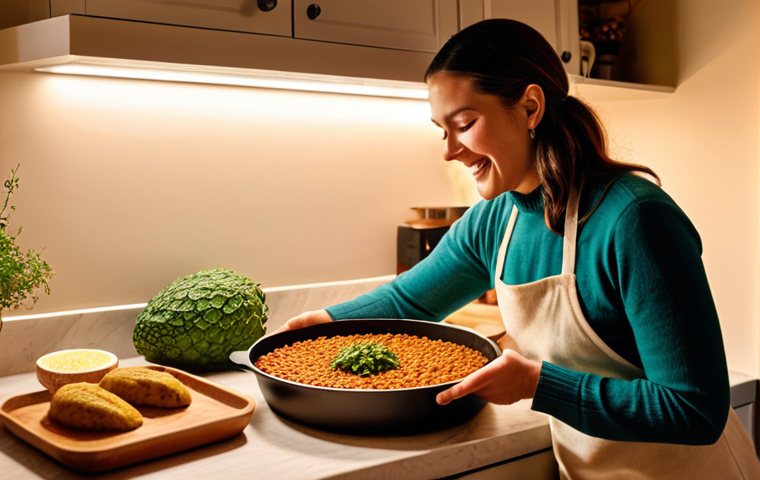 A cozy, warm kitchen scene where a person, perhaps a woman, is joyfully preparing a modern, plant-based version of a beloved traditional comfort food. Soft, inviting lighting, steam gently rising from a dish that looks like a lentil 'meatloaf' or a jackfruit stew. Emphasize feelings of nostalgia, peace, and soulful connection to food. High quality, food photography style.