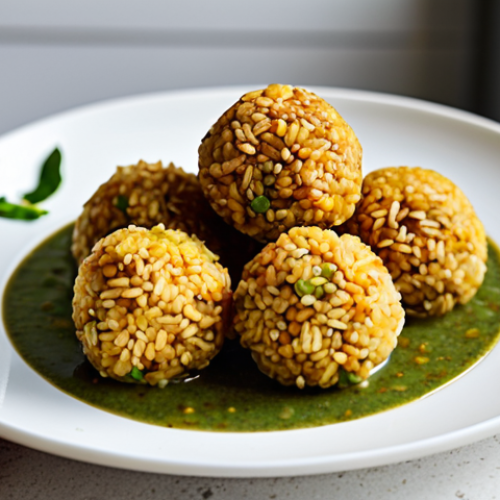Home 15 A close-up shot of perfectly golden-brown, plant-based rice balls, artfully arranged on a clean, modern ceramic plate. The rice balls are infused with vibrant green lentil and chickpea protein, showing hints of fresh herbs like cilantro and parsley. A light, fresh dipping sauce is served alongside. The background is a soft, blurred bright kitchen counter, bathed in natural light, emphasizing a fresh, healthy meal. High-quality food photography, professional studio lighting, shallow depth of field, appetizing, delicious, wholesome, professional photography, high quality, safe for work, appropriate content, fully clothed, family-friendly.