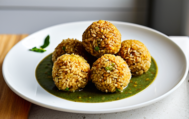 A close-up shot of perfectly golden-brown, plant-based rice balls, artfully arranged on a clean, modern ceramic plate. The rice balls are infused with vibrant green lentil and chickpea protein, showing hints of fresh herbs like cilantro and parsley. A light, fresh dipping sauce is served alongside. The background is a soft, blurred bright kitchen counter, bathed in natural light, emphasizing a fresh, healthy meal. High-quality food photography, professional studio lighting, shallow depth of field, appetizing, delicious, wholesome, professional photography, high quality, safe for work, appropriate content, fully clothed, family-friendly.