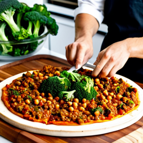 Home 8 A professional chef, fully clothed in a clean chef's jacket, meticulously arranging vibrant, prepped plant-based ingredients on a large wooden board for a gourmet pizza. Bowls of rich red lentil bolognese, golden roasted chickpea pieces, firm smoked tofu cubes, fresh green broccoli florets, and various earthy mushrooms are visible alongside a perfectly formed, light-colored cauliflower pizza crust. The scene is set on a pristine, modern kitchen counter with soft, natural lighting, conveying culinary creativity and healthy cooking. safe for work, appropriate content, professional, modest clothing, appropriate attire, professional dress, perfect anatomy, correct proportions, natural pose, well-formed hands, proper finger count, natural body proportions, high-resolution photography.