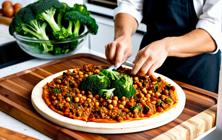 A professional chef, fully clothed in a clean chef's jacket, meticulously arranging vibrant, prepped plant-based ingredients on a large wooden board for a gourmet pizza. Bowls of rich red lentil bolognese, golden roasted chickpea pieces, firm smoked tofu cubes, fresh green broccoli florets, and various earthy mushrooms are visible alongside a perfectly formed, light-colored cauliflower pizza crust. The scene is set on a pristine, modern kitchen counter with soft, natural lighting, conveying culinary creativity and healthy cooking. safe for work, appropriate content, professional, modest clothing, appropriate attire, professional dress, perfect anatomy, correct proportions, natural pose, well-formed hands, proper finger count, natural body proportions, high-resolution photography.