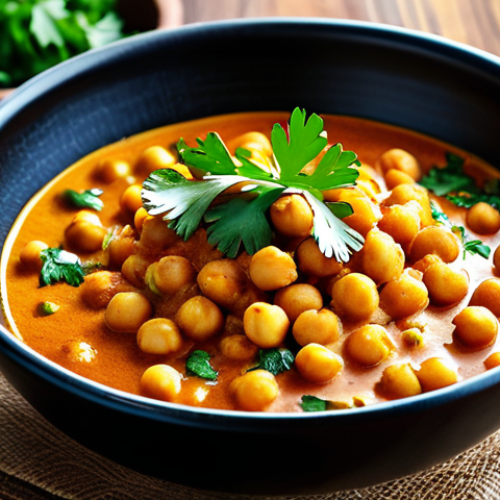 Home 9 **
"A vibrant and colorful chickpea curry with coconut milk, garnished with fresh cilantro, served in a rustic bowl. Spices visible. Warm lighting. safe for work, appropriate content, fully clothed, modest, professional photography, perfect anatomy, natural proportions."
**