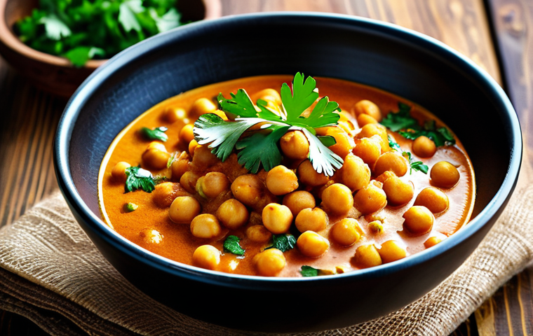 **

"A vibrant and colorful chickpea curry with coconut milk, garnished with fresh cilantro, served in a rustic bowl. Spices visible. Warm lighting. safe for work, appropriate content, fully clothed, modest, professional photography, perfect anatomy, natural proportions."

**