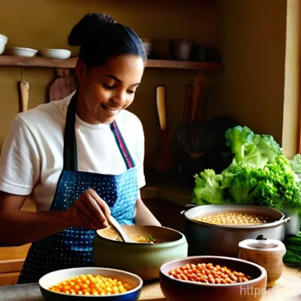 대체 단백질 요리법으로 만드는 간단한 스프 - **Prompt 1: Cozy Kitchen Soup Preparation**
    "A wide shot of a brightly lit, rustic kitchen. A pe...