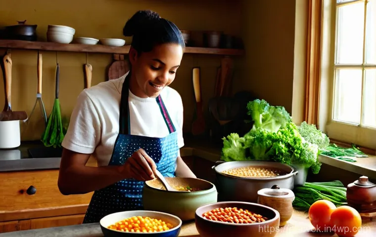 대체 단백질 요리법으로 만드는 간단한 스프 - **Prompt 1: Cozy Kitchen Soup Preparation**
    "A wide shot of a brightly lit, rustic kitchen. A pe...