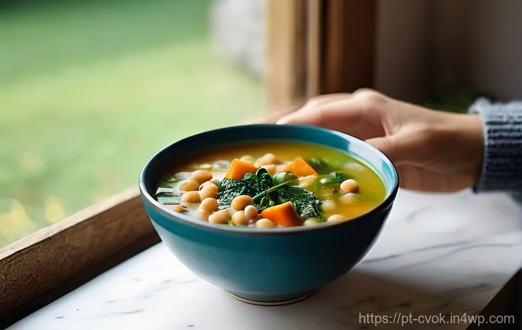 대체 단백질 요리법으로 만드는 간단한 스프 - **Prompt 1: Cozy Kitchen Soup Preparation**
    "A wide shot of a brightly lit, rustic kitchen. A pe...