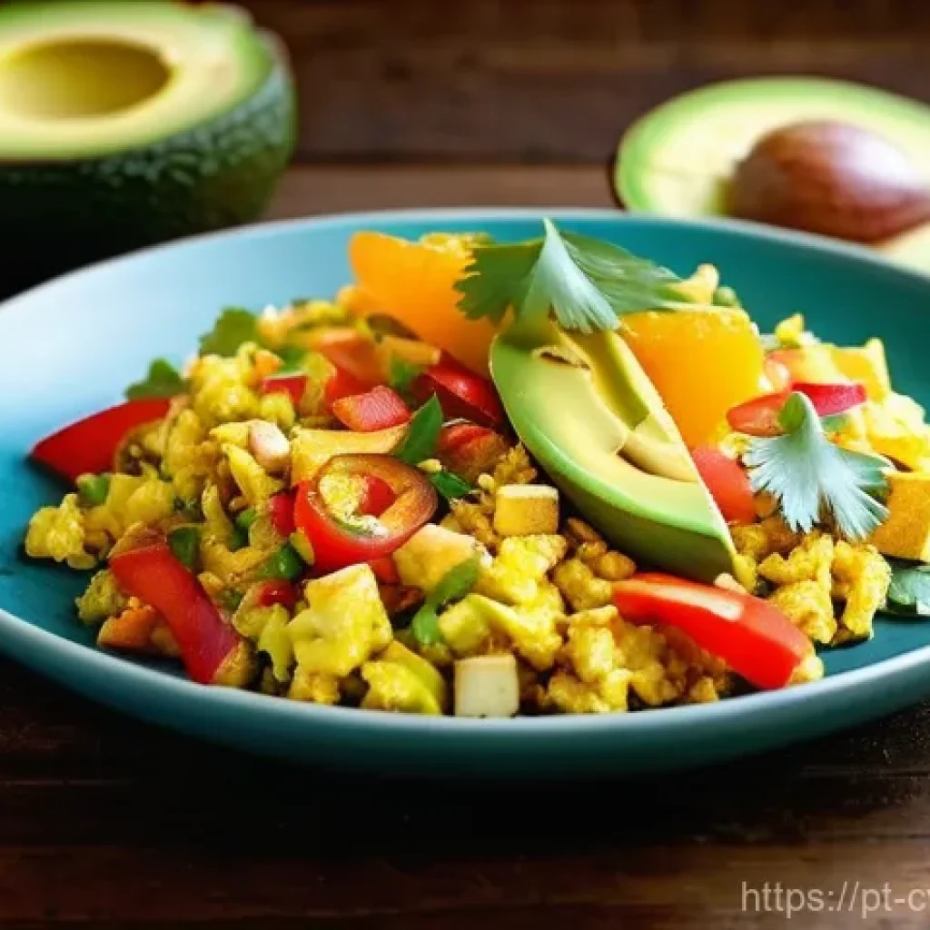 대체 단백질 요리법으로 만드는 아침식사 아이디어 - **Vibrant Tofu Scramble Breakfast:** A close-up shot of a steaming, golden-yellow tofu scramble, ric...