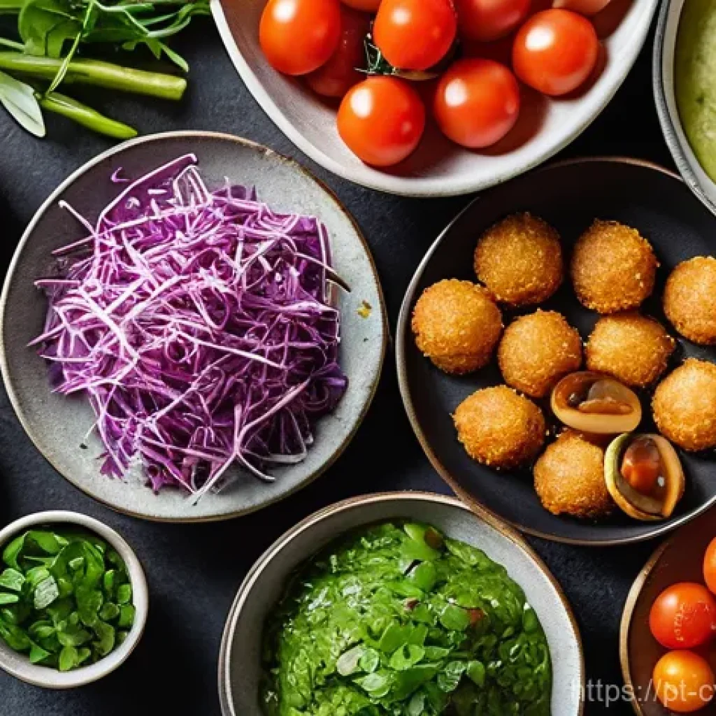 대체 단백질 요리법으로 만드는 특별한 파티 메뉴 - **Vibrant Plant-Based Appetizer Platter:** A visually rich, close-up overhead shot of a rustic woode...