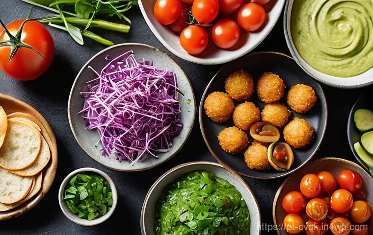 대체 단백질 요리법으로 만드는 특별한 파티 메뉴 - **Vibrant Plant-Based Appetizer Platter:** A visually rich, close-up overhead shot of a rustic woode...