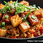 대체 단백질 요리법으로 만드는 김치 볶음밥 - **Vibrant Kimchi Fried Rice with Crispy Tofu:** A close-up, top-down shot of a beautifully plated Ki...