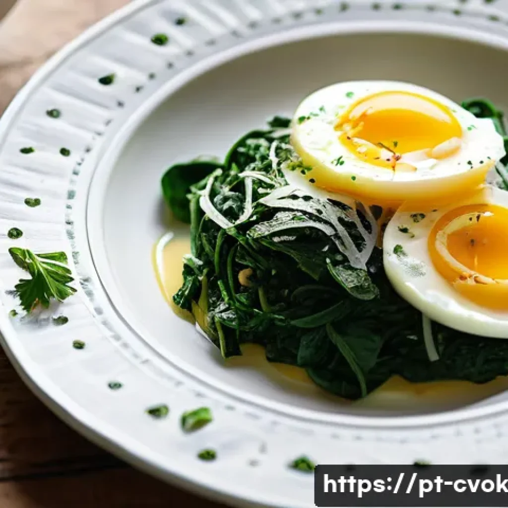 대체 단백질 요리법으로 만드는 시금치 달걀찜 - A vibrant, close-up image of a fresh, healthy breakfast plate featuring steamed spinach and fluffy s...