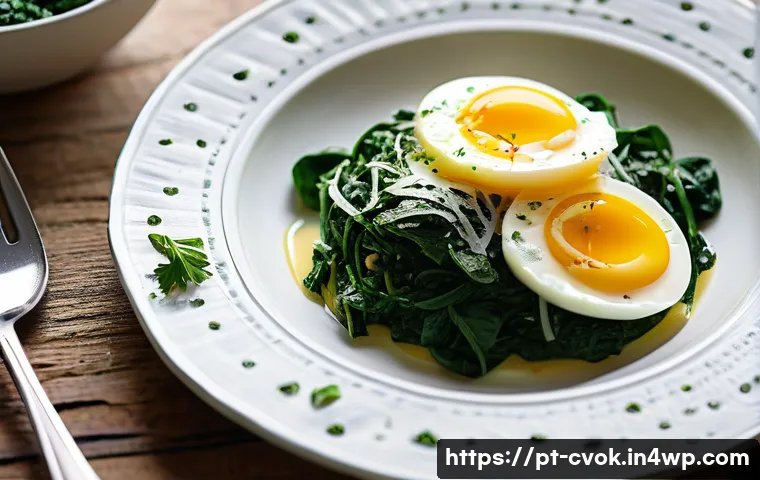 대체 단백질 요리법으로 만드는 시금치 달걀찜 - A vibrant, close-up image of a fresh, healthy breakfast plate featuring steamed spinach and fluffy s...