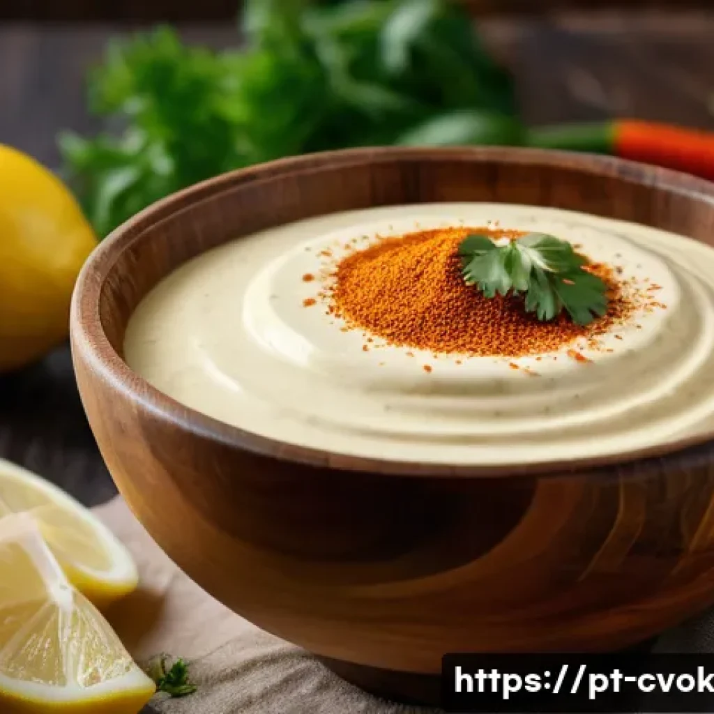 대체 단백질을 활용한 다양한 소스 만들기 - A vibrant, rustic kitchen scene showcasing a creamy vegan aioli sauce made from firm tofu, displayed...
