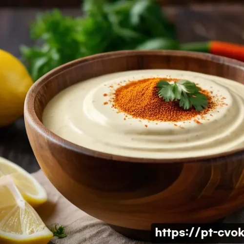 대체 단백질을 활용한 다양한 소스 만들기 - A vibrant, rustic kitchen scene showcasing a creamy vegan aioli sauce made from firm tofu, displayed...