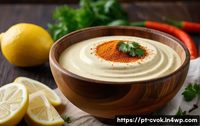 대체 단백질을 활용한 다양한 소스 만들기 - A vibrant, rustic kitchen scene showcasing a creamy vegan aioli sauce made from firm tofu, displayed...