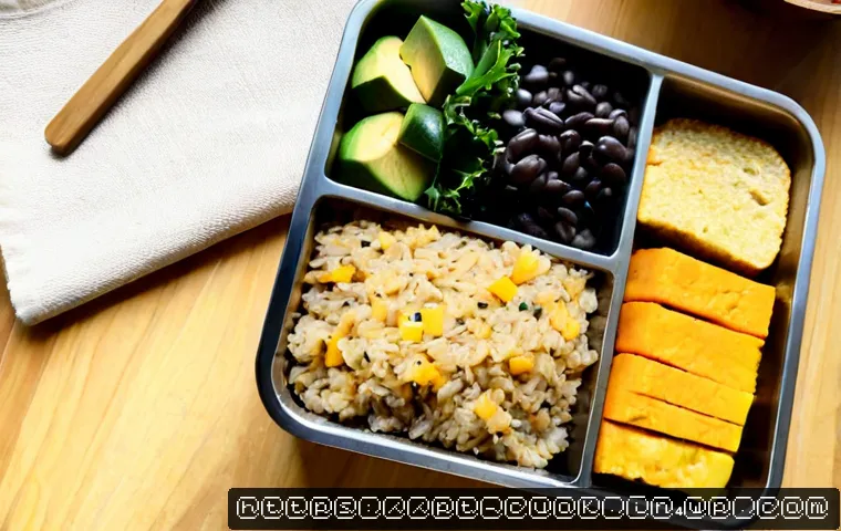 Home 16 대체 단백질 요리법으로 만드는 도시락 레시피 - Photorealistic overhead view of a Brazilian-inspired plant-based lunchbox, neatly arranged brown ric...