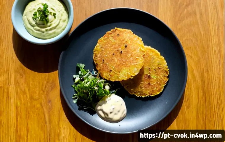 Home 17 대체 단백질 요리법으로 만드는 감자전 - Photorealistic overhead food scene in a bright Brazilian home kitchen, golden crispy potato pancakes...
